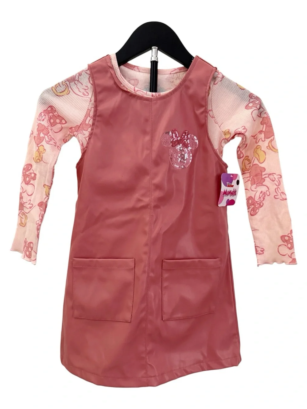 Disney Pink Faux-Leather Pinafore Dress with Minnie Print Top